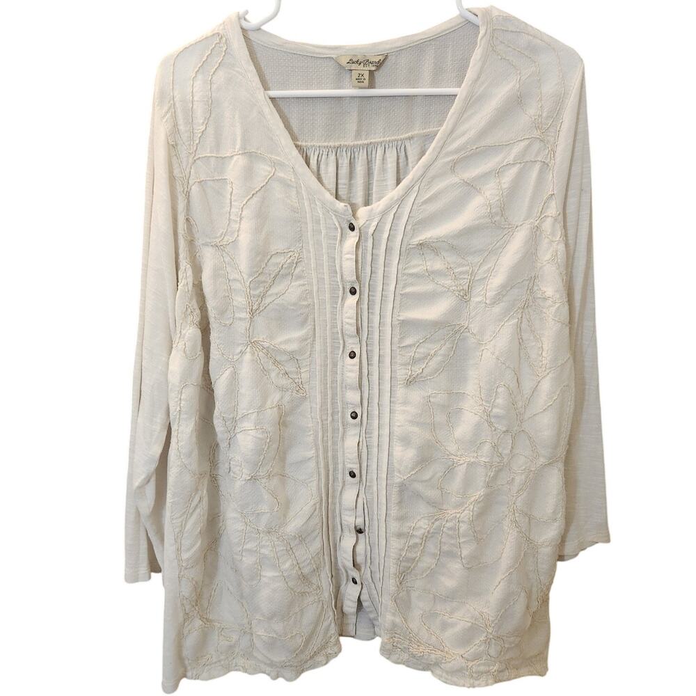 Lucky Brand White Embroidered Button Down Peasant Blouse Long Sleeve Plus 2X